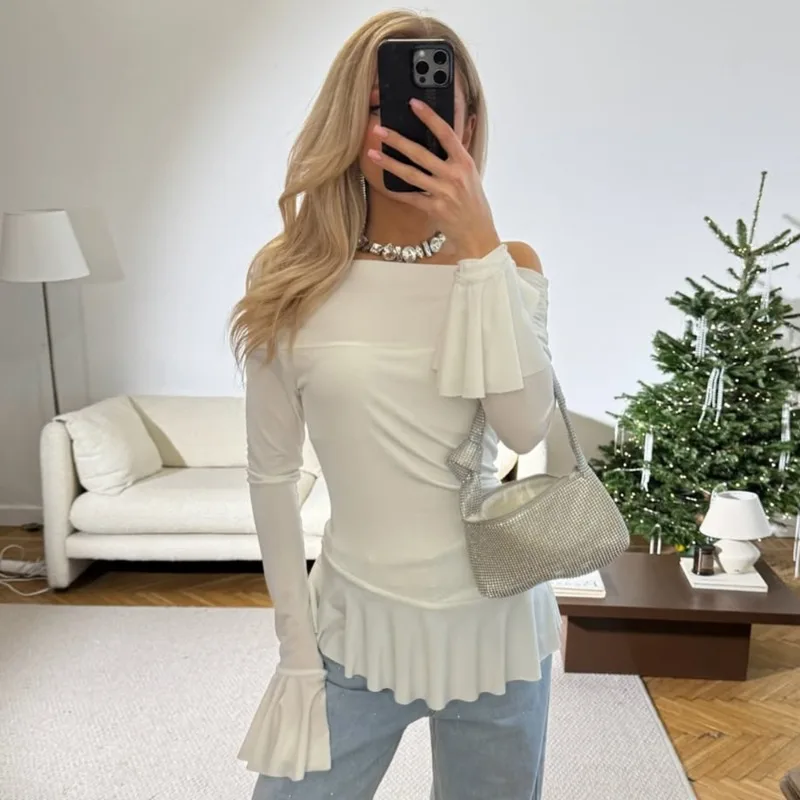 

Talenza White Ruffle Top Women's Summer Sexy One Shoulder Long Sleeve T-Shirt Solid Slim Casual Y2k Pullover Streetwear Female