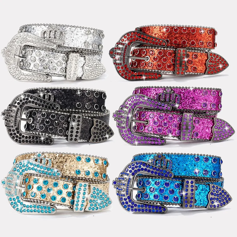 

Длинные ремни в стиле панк для женщин и мужчин со стразами, 120 см, серебристые, фиолетовые, синие, золотые, с блестками, заклепки из искусственной кожи, поясные ремни Cinto Punk Rock