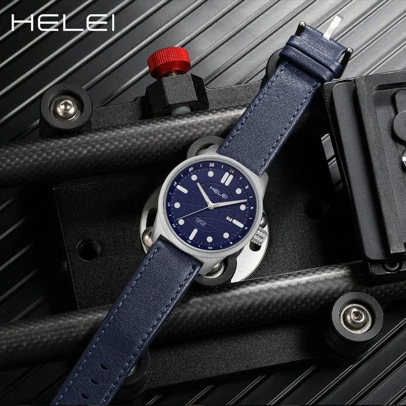 HELEI2024 reloj de cuarzo para hombre, cronógrafo de lujo, de cuero, diseño informal, resistente al agua