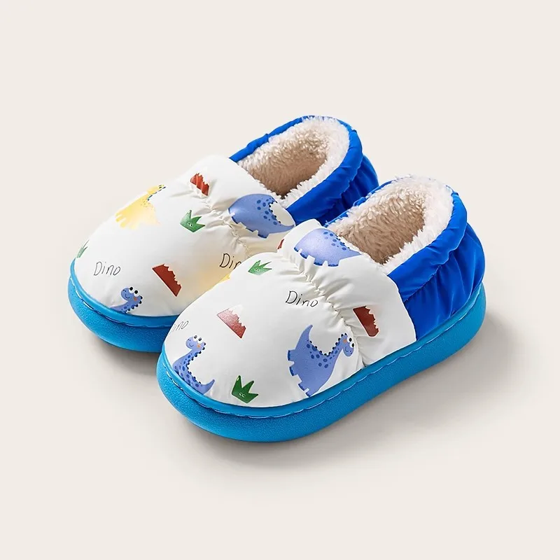 Kids Cotton Slippers with Heel Cover Non Slip Waterproof Warm Home Shoes for Boys Girls Winter Indoor Toddler Footwear