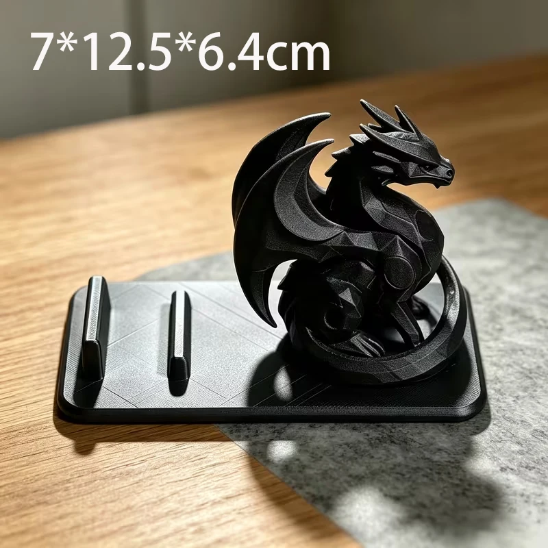3D Printed Geometric Black Dragon Phone Stand Holder Winged Dragon Sculpture Desktop Ornament Multi Slot Cellphone Support
