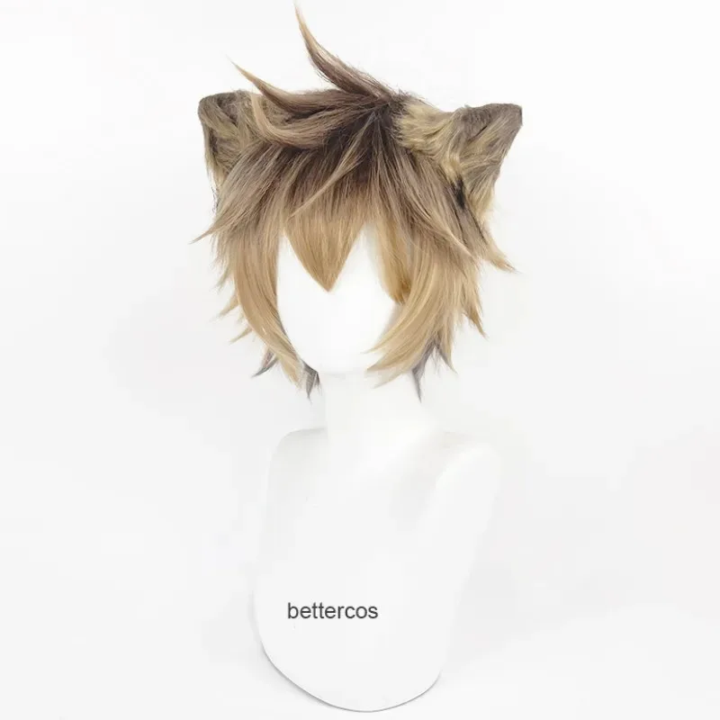 Ruggie Bucchi شعر مستعار تأثيري أنيمي الملتوية العجائب قصيرة براون شعر مستعار مقاومة للحرارة بيروكات صناعية + آذان