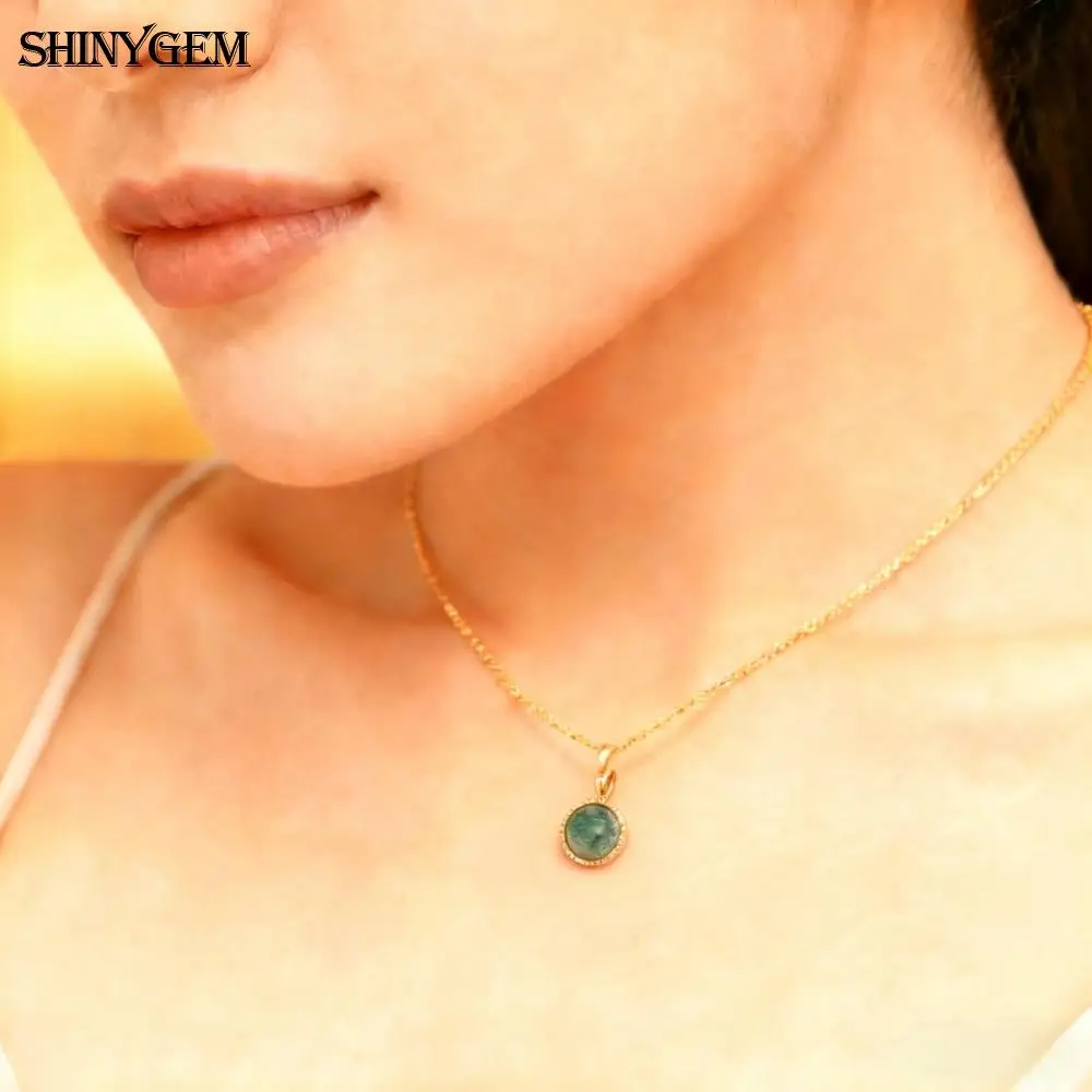 SHINYGEM 12 مللي متر المرأة الجولة الكريستال الطبيعي حجر الزبرجد روز كوارتز المعلقات أنيقة مجوهرات نسائية قلادة مطلية بالذهب