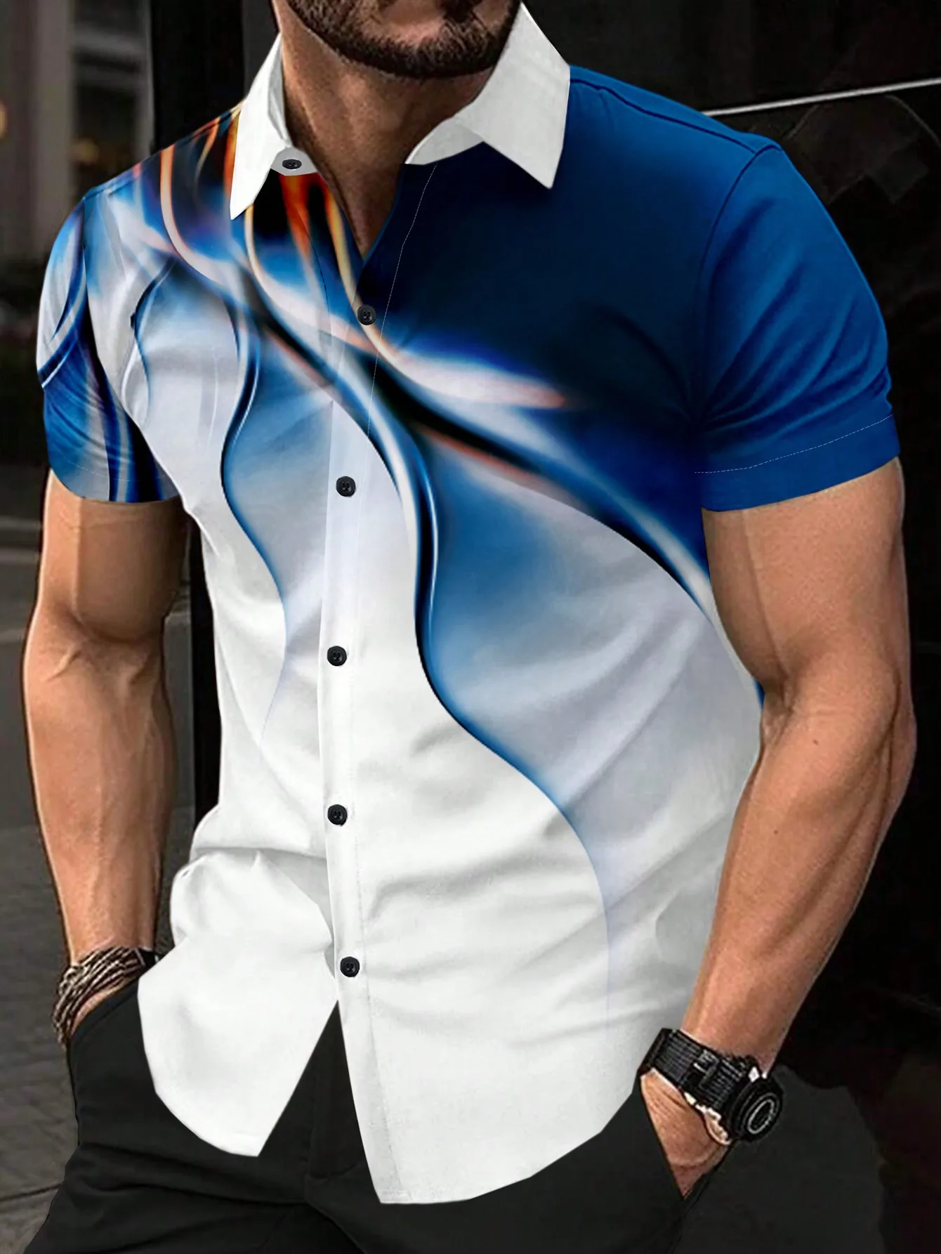 

Men's Slim Fit Short Sleeve Button-Up Shirt with Abstract Fluid Print