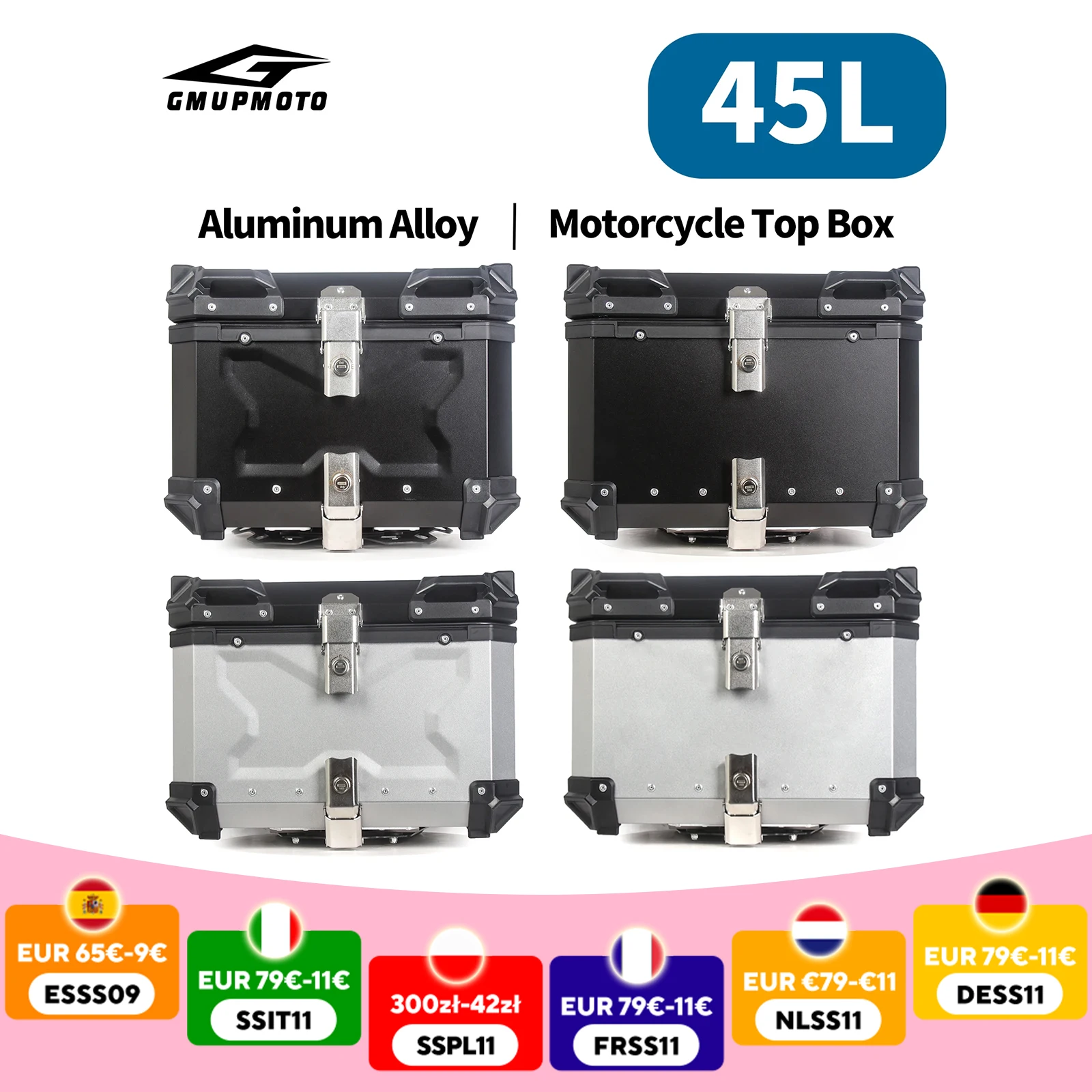 Boîtier supérieur étanche en aluminium 45l pour moto, boîte rigide universelle verrouillable, coffre de rangement, support arrière, boîte à outils, fixation rétractable et mécanisme d'attache de