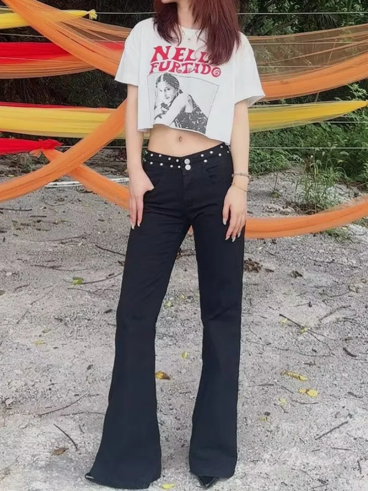 Vintage 2000s Y2K Rivet Slim Washed Flare Jeans Women Clothing Streetwear Subculture Grunge Punk Gyaru Denim Pants Daily Wear