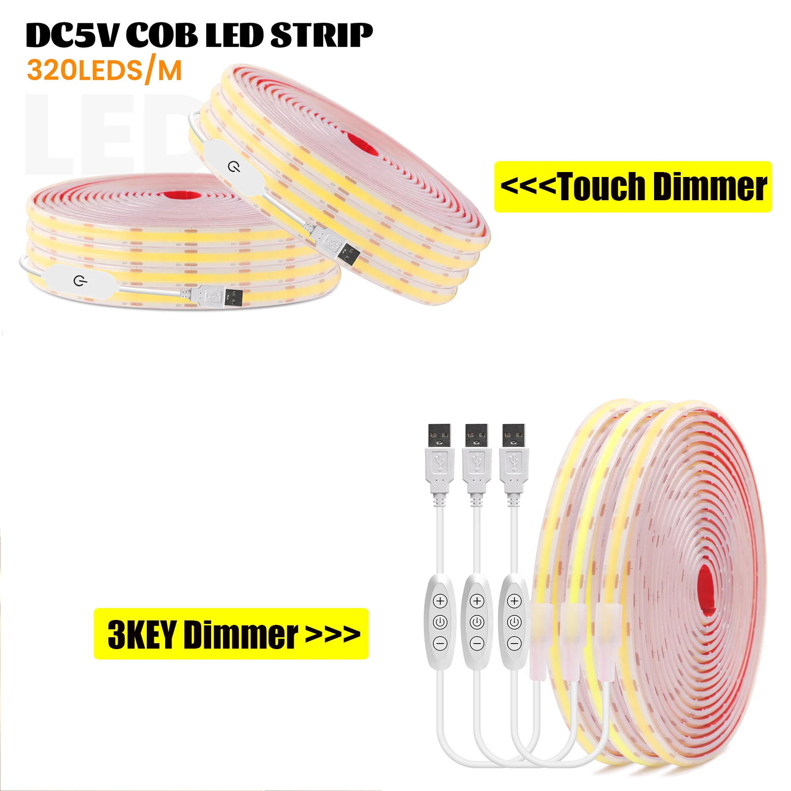 DC 5V USB с регулируемой яркостью COB Strip IP68 Водонепроницаемая 320Leds/M RA90 3000K 4000K 6000K Декор для дома и сада Гибкая лента Веревка