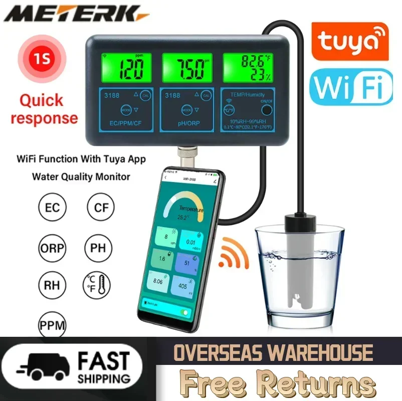 

Tuya WiFi 7in1 тестер качества воды анализатор воды PH/ORP/EC/PPM/CF/монитор влажности/температуры детектор качества воды PH метр