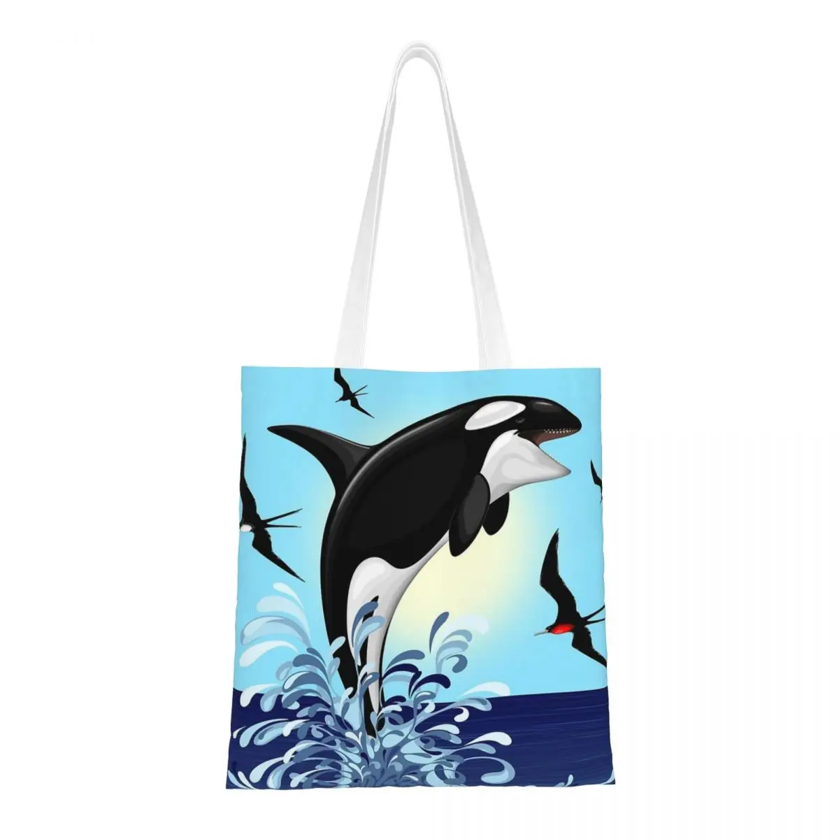 กระเป๋าช้อปปิ้งลายปลาวาฬนักล่าโอร์กากระโดดขึ้นจากมหาสมุทร กระเป๋าผ้าแคนวาสสำหรับผู้หญิง กระเป๋าโท้ทพับได้ กระเป๋าสะพายไหล่สำหรับผู้หญิง กระเป๋าถือสำหรับเดินทาง