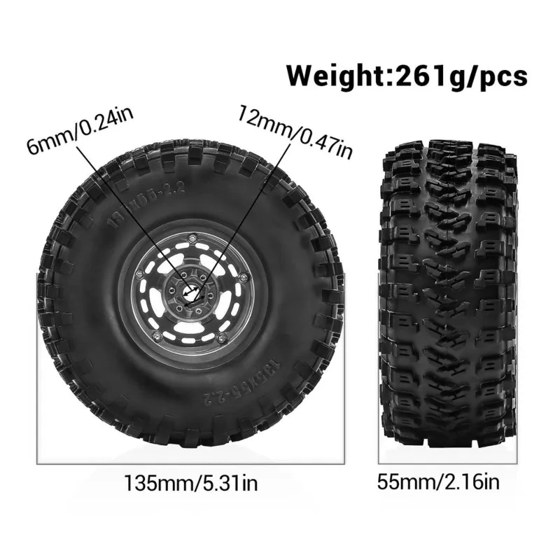 A63T-Kit Includes 4Pcs 2.2 Inch Inch RC Car Wheel Rims Tires 135Mm For SCX10 TRX4 H8H 4083 CROSS RC Crawler Car Upgrades Parts