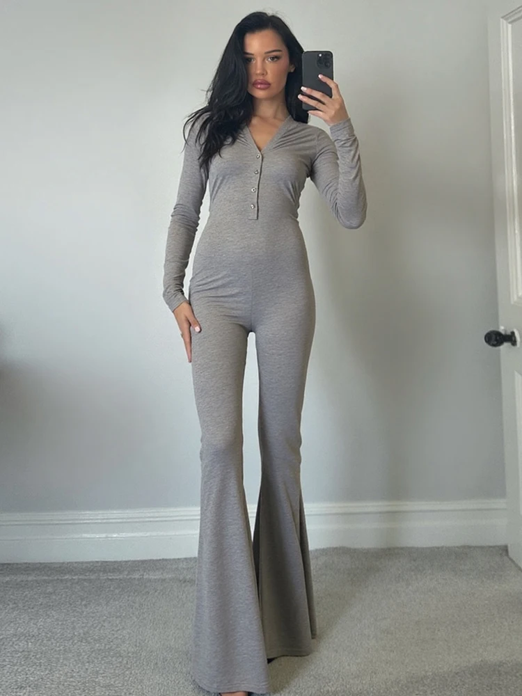 

Whatiwear Casual Fashion Jumpsuits Women Button Design V-Neck Full Sleeve Skinny Stretch Daily Street Versatile Style Overalls