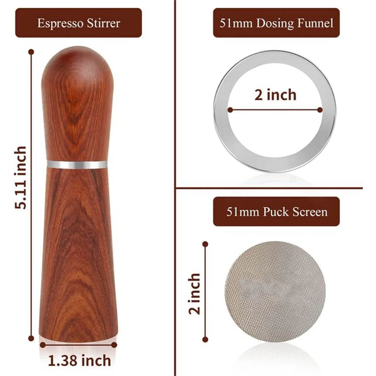 에스프레소 WDT 도구, 도징 깔때기 및 스크린 세트, 에스프레소 액세서리 키트, 바리스타 세트, 커피 바늘, 51mm