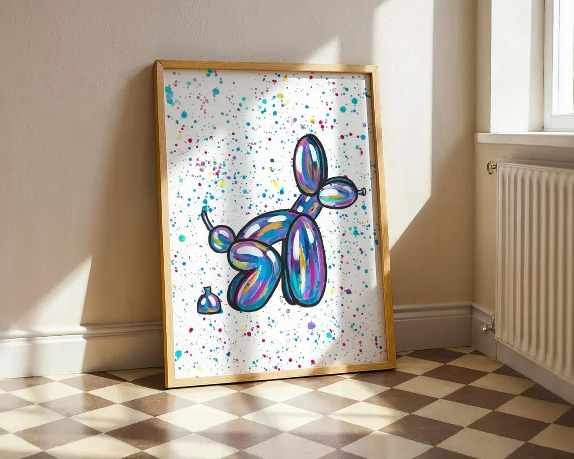 Playful Balloon Dog Wall Print Decor - Vibrant Watercolor Illustration of a Rainbow-Colored Balloon Dog Pooping, Surrounded by M