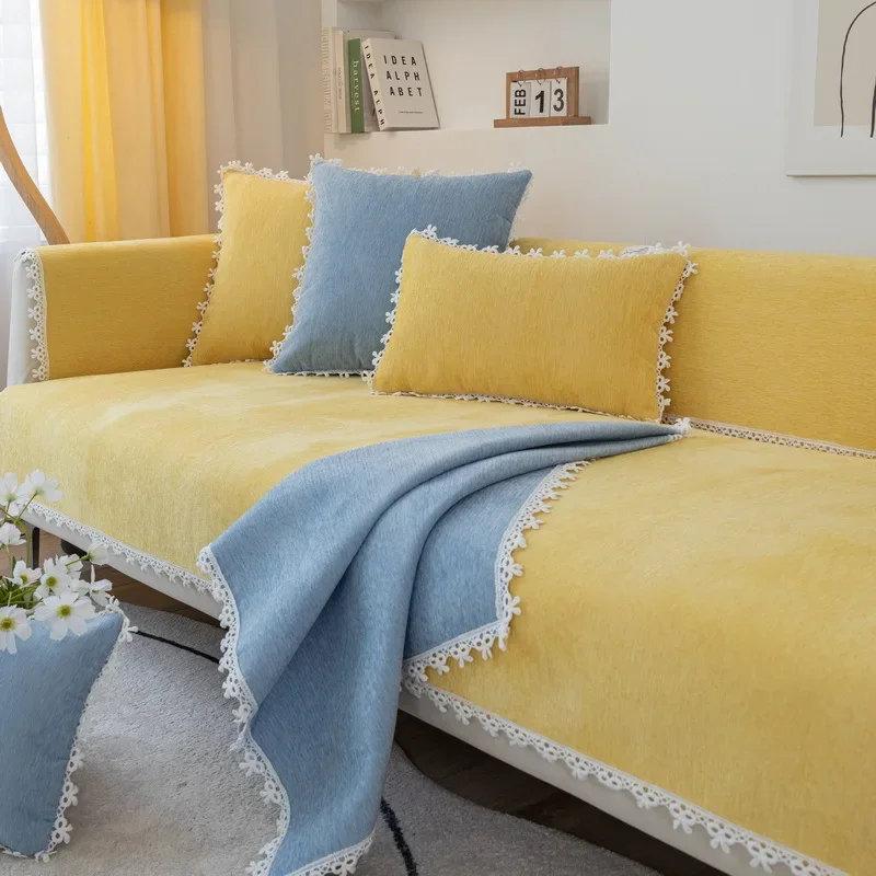 Four Seasons Universal Sofa Cushion Chenille Sofa Cover Cloth Pillow Case Solid Color Lace Sofa Cushion Modern Simple Cushion