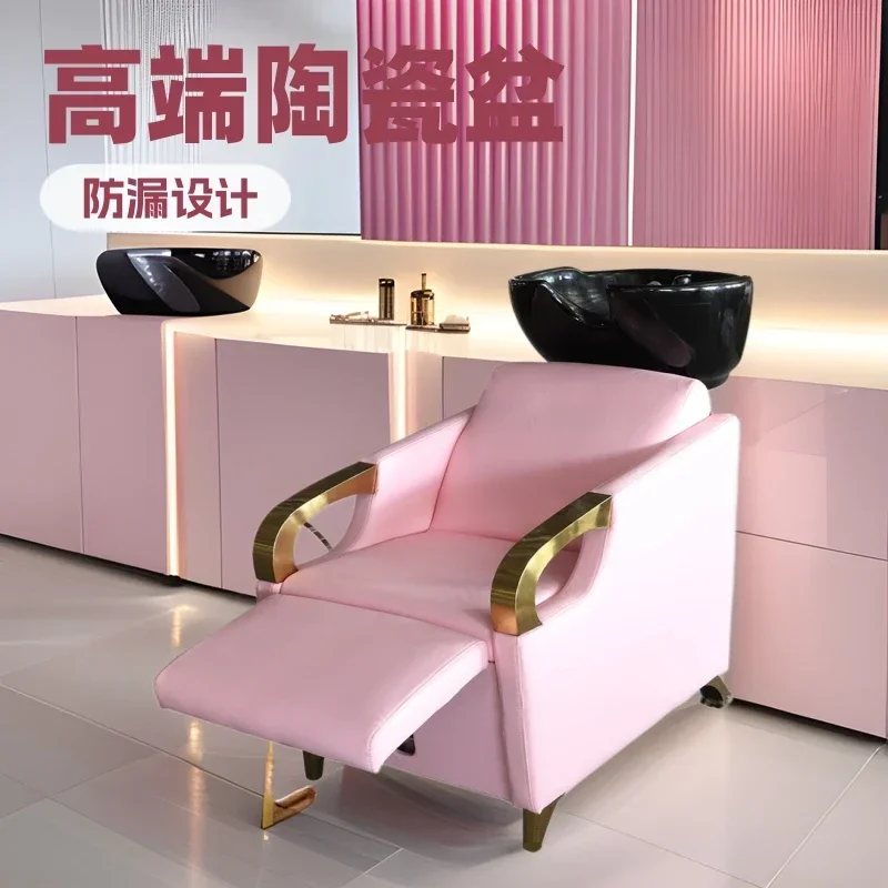 Hair Salon Special Semi-Lying Ceramic Basin Bed Barber Shop Professional Flushing Bed for Comfortable Hairdressing Services
