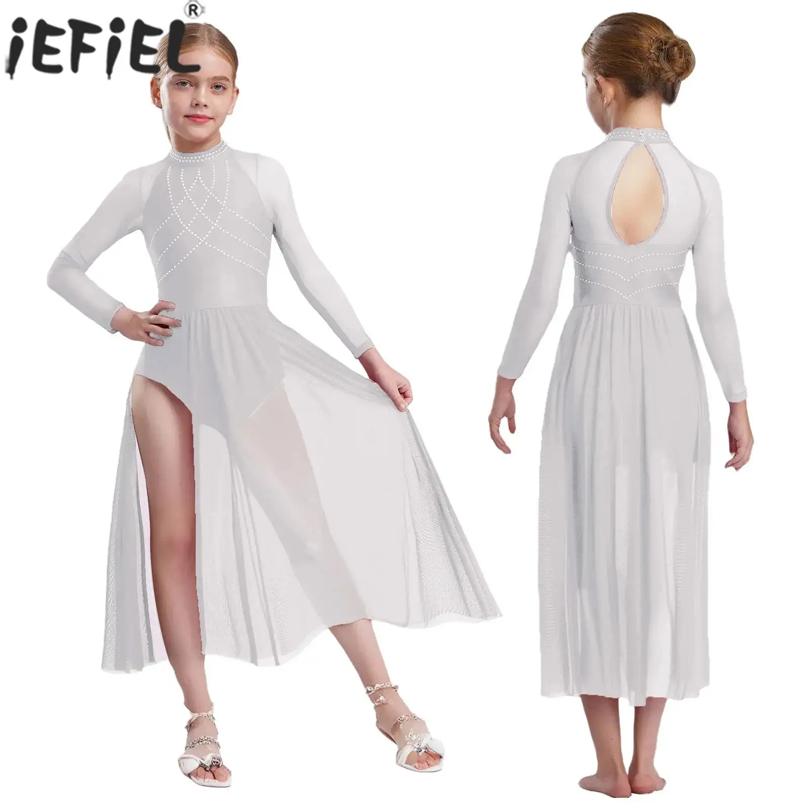Girls Modern Lyrical Dance Figure Skating Gymnastics Leotard Dress Long Sleeve Shiny Rhinestones Sheer Mesh Split Hem Dancewear