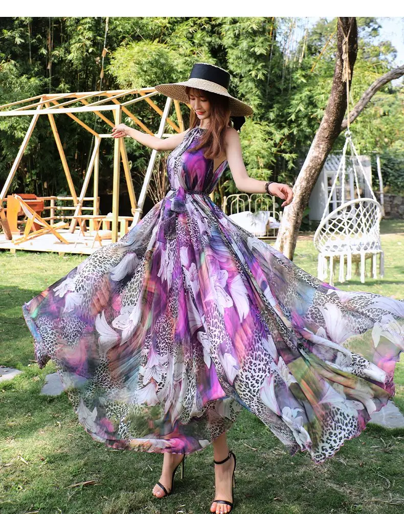 2023 New Floral Summer Sleevelss Suspender Maxi Dress for Women Sexy Backless Beach Purple Boho Robe Femme Sundress Dress Photo