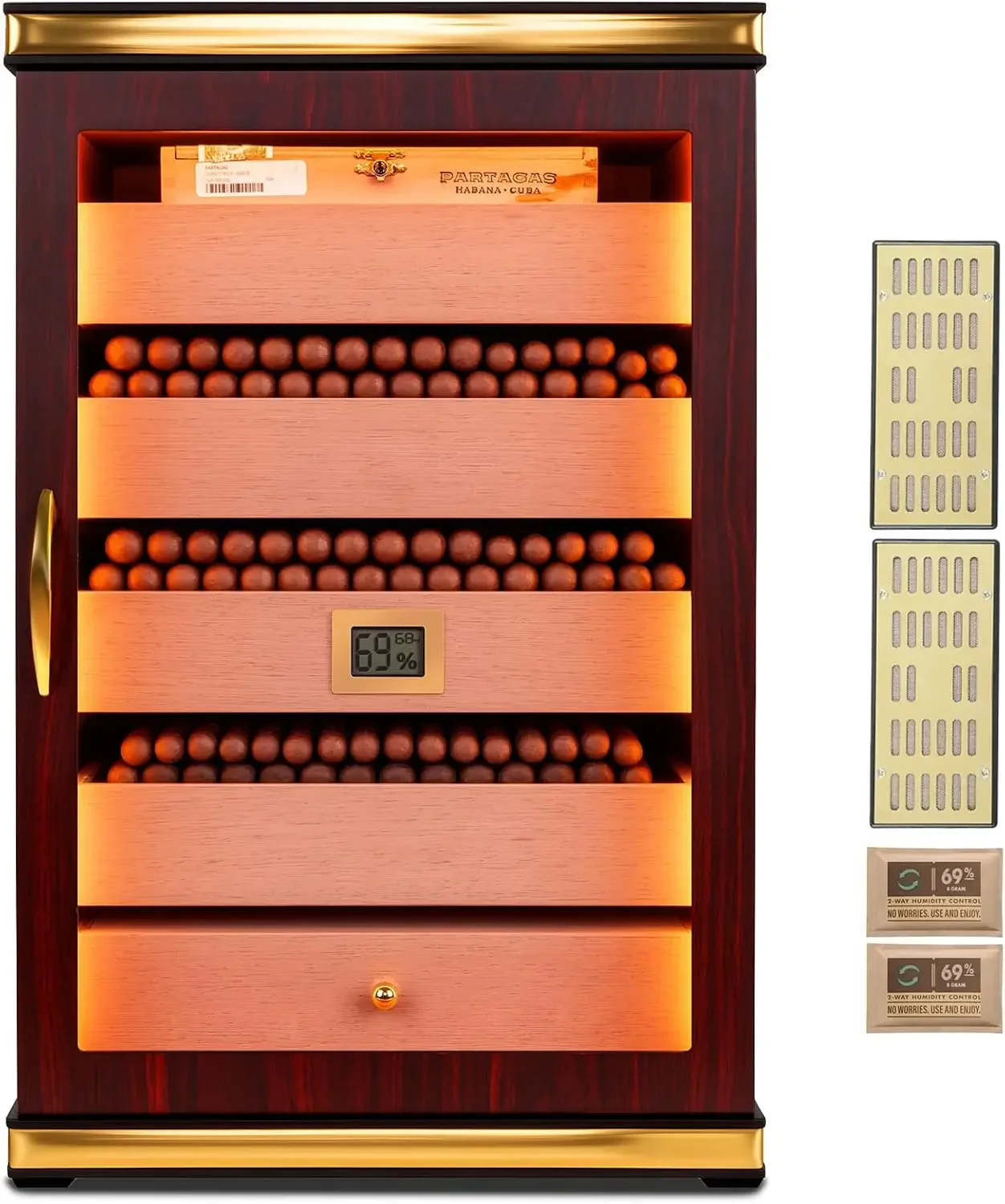 500-Count Cigar Humidor Cabinet with Digital Hygrometer, Gift Set | Ebony finish, 5 cedar drawers, triple-sided light, digital
