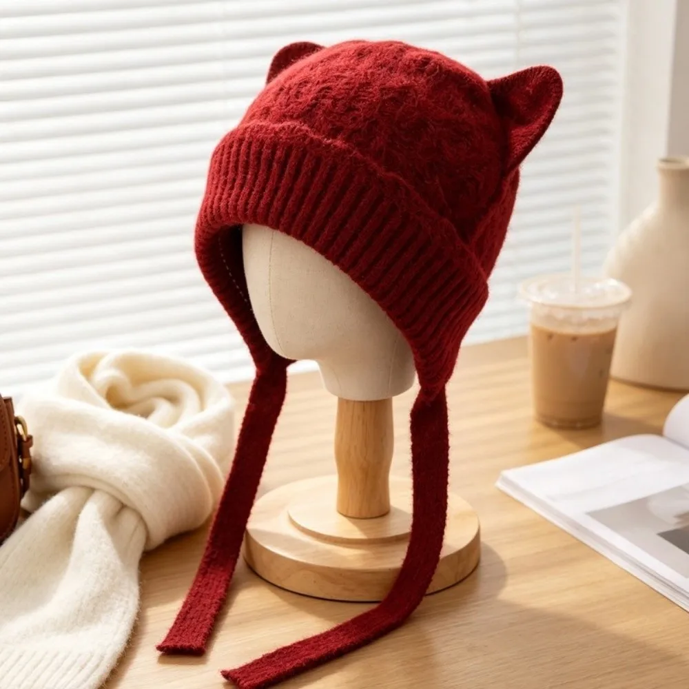 Solid Color Cat Ear Beanie Keep Warm Cold Proof Winter Tie Strap Beanie Windproof Thickened Knit Earflap Hat Casual Dating