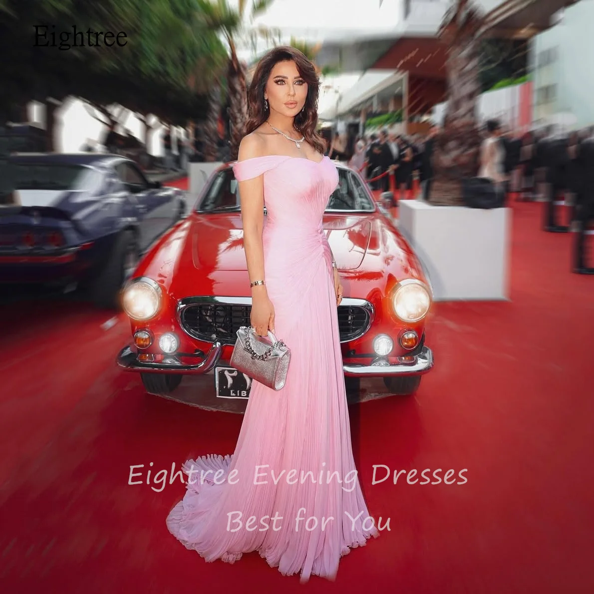 فساتين سهرة Eightree أنيقة بحورية البحر باللون الوردي قبالة الكتف فستان حفلات مطوي بطول الأرض فساتين حفلات رسمية مخصصة