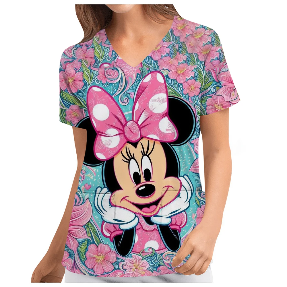 Hospital Working Uniforms Medcine Minnie Mickey Mouse Print Nursing v-neck Blouse Dental Clinic Uniform Medical Nurse Scrub Tops