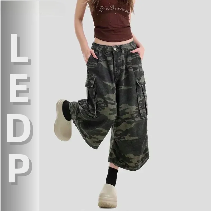 IMU Women's Camouflage Denim Bermuda Pants Retro High Waist Big Pockets Pleats Baggy Jorts Summer Casual Cargo Workwear