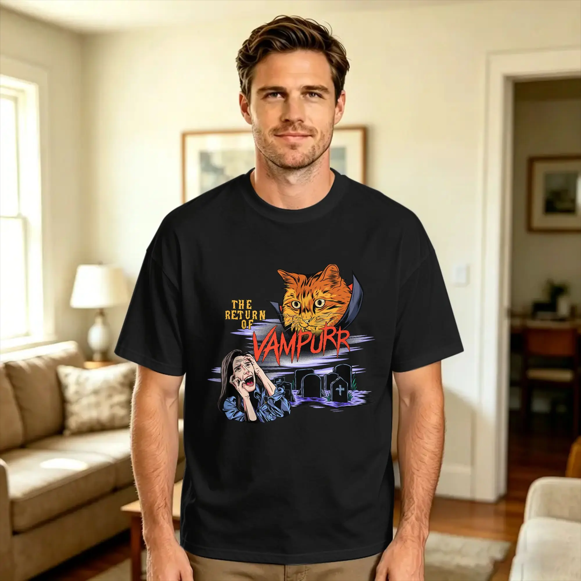 Mens T Shirt Return Of The Vampurr Cute Cat T-Shirts Popular  Summer Tees Vintage Cotton Tops Birthday Present