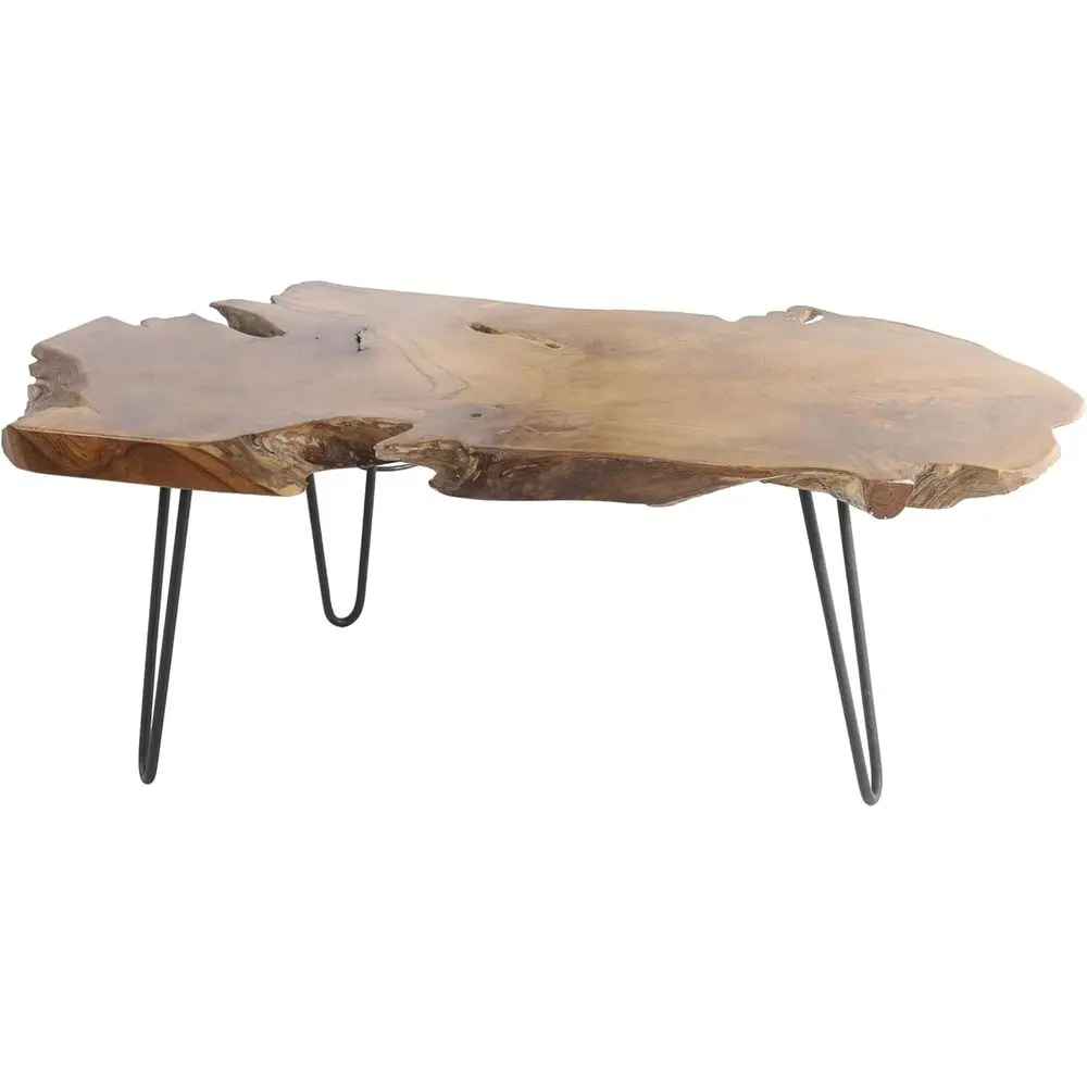 Handcrafted Teak Live Edge Coffee Table with Black Hairpin Legs, 43 x 24 x 17, Rich Brown Finish