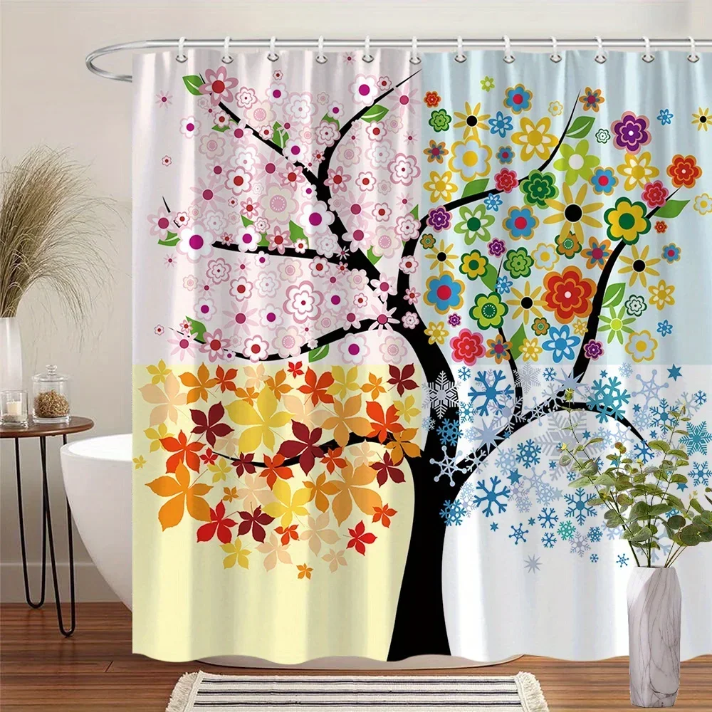 Zasłona prysznicowa z motywem czterech pór roku - wzory od wiosny do zimy, 12 haczyków, poliester nadający się do prania, abstrakcyjny kwiatowy wystrój łazienki