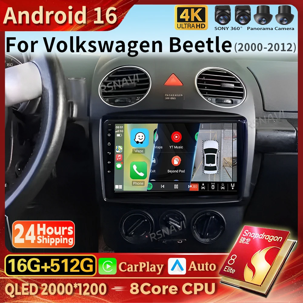 Android15 Carplay Auto Car Radio Multimedia Player 2K Screen For VW Volkswagen Beetle 2000-2012 Autoradio Stereo 2din 16G-512G
