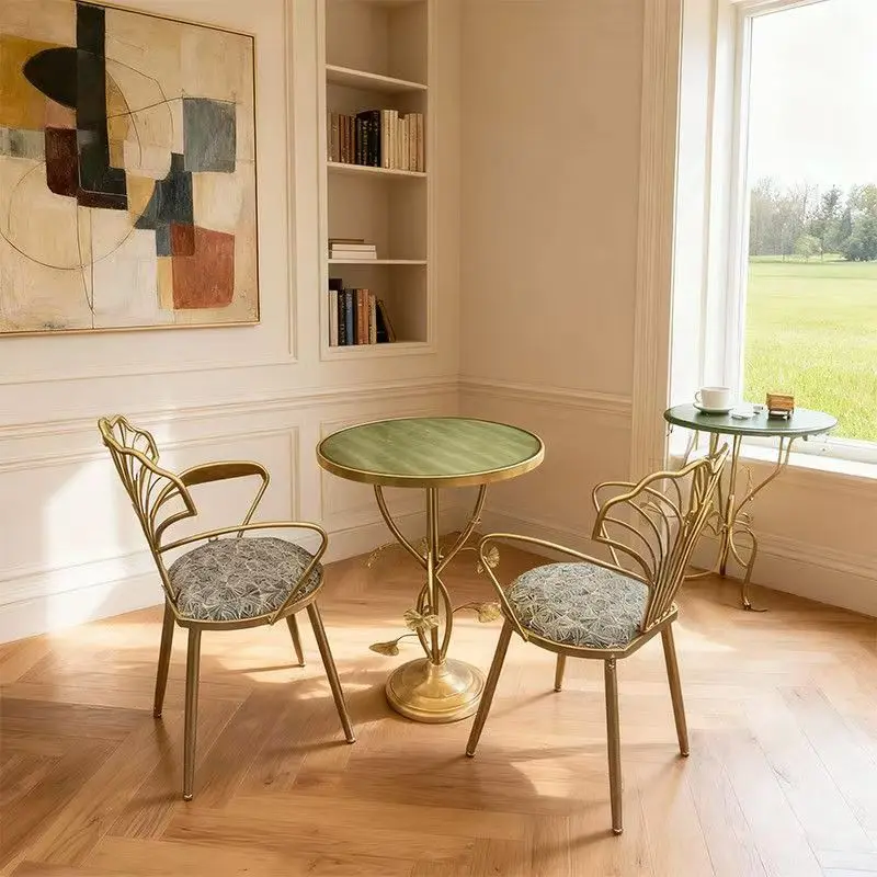 Soft Modern Midcentury Green Velvet Fabric Chair With Gold Legs Round Table With Marble Top Restaurant Furniture Sets