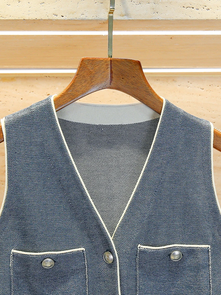 

High-End Summer Denim Blue V-Ne Vest Knitted Cardigan Women's Faion Top ort Sve Open Front Sle Commute Wind