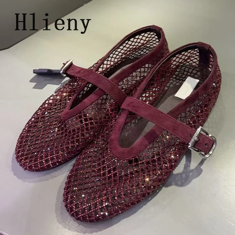 

Летние дизайнерские женские туфли Hlieny с сеткой и стразами, модные повседневные сандалии с круглым носком и ремешком на пряжке, размеры 35-41