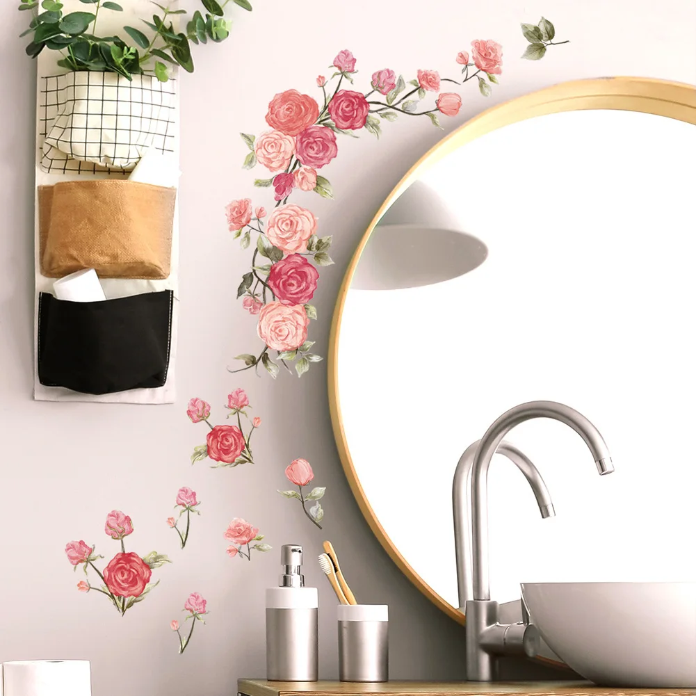 Pegatina de pared de hermosas flores, fondo de sala de estar, decoración del hogar, calcomanías, decoración de espejo de baño, Mural autoadhesivo