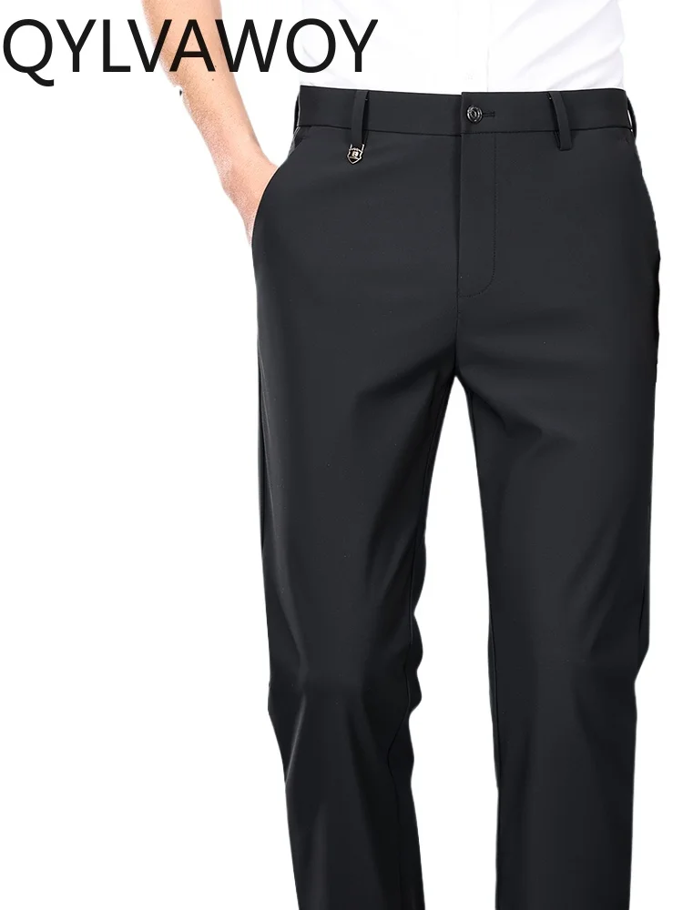 

QYLVAWOY 81% Polyamide Men's Casual Pants Spring Summer Ice Silk Elastic Straight-Leg Long Trousers Mid-Rise Thin Chinos LJ2222