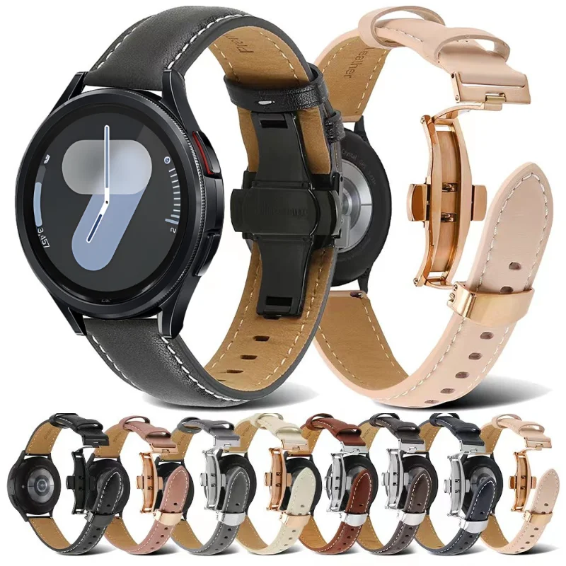Correa de cuero genuino de 20mm 22mm para Samsung Galaxy Watch 7/6/5/4 40mm44mm hebilla de mariposa reloj 5Pro 45mm 6/4 cinturón clásico