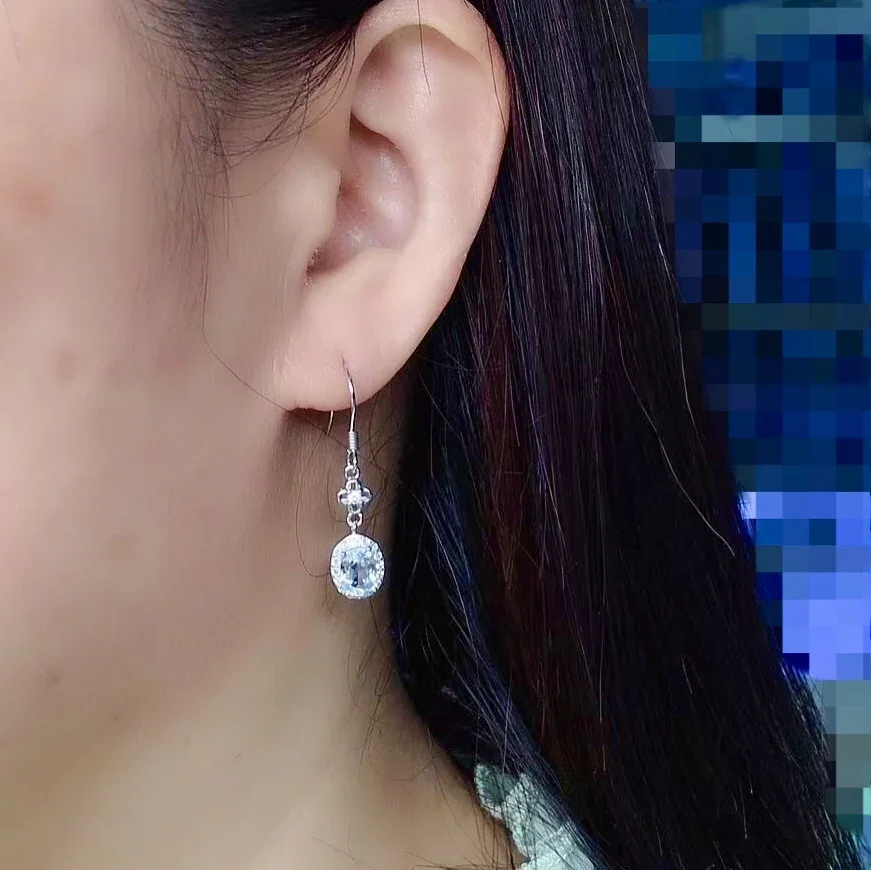 Simple Aquamarine Silver Earrings 5mm*7mm Light Blue Natural Aquamarine Drop Earrings 925 Silver Aquamarine Hook Earrings