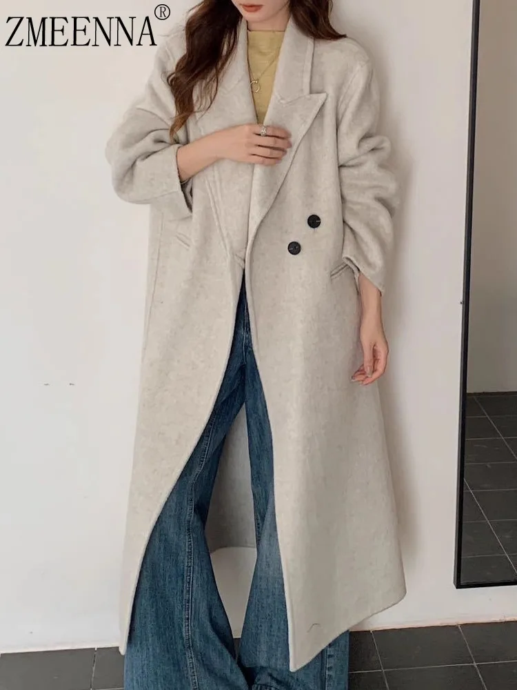 ZMEENNA レディース ロング ウール ブレンド コート ダブルブレスト 暖かい 冬 アウター エレガント ルーズ フィット クリーム ベージュ マキシ ZM4435