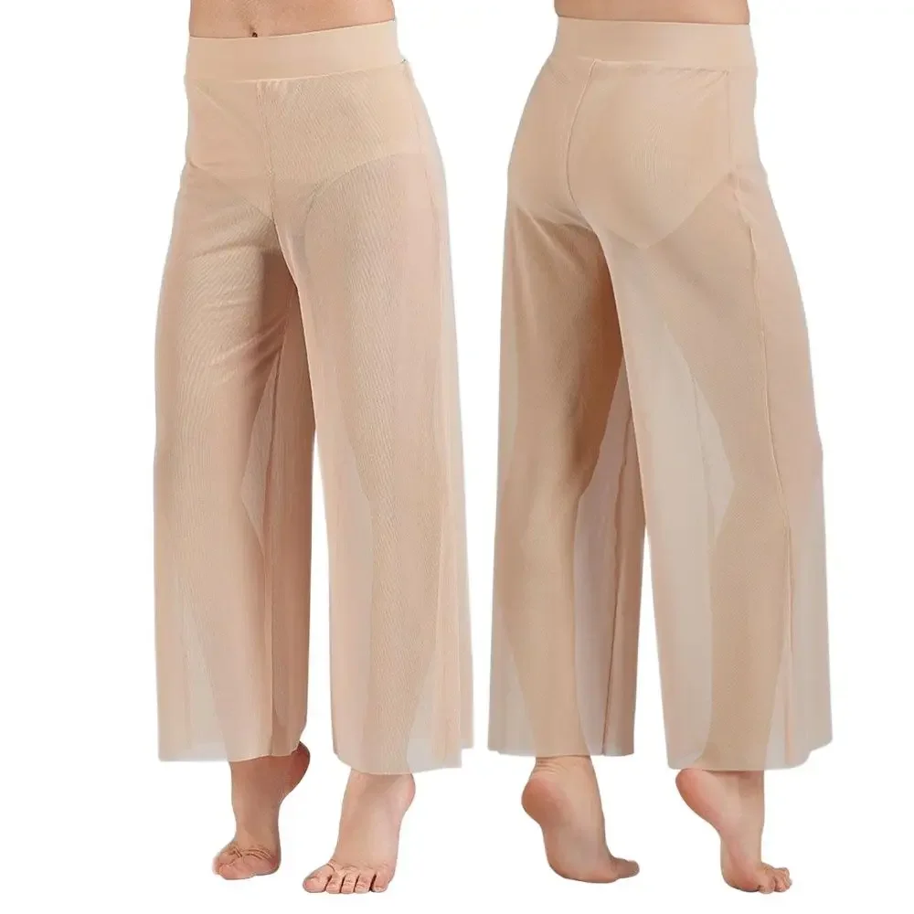 Lyrical Mesh Wide Leg Eight Quarter Pants Modern Ballet Dance High Waist Contemporary Palazzo Trousers Classical Dance Costumes