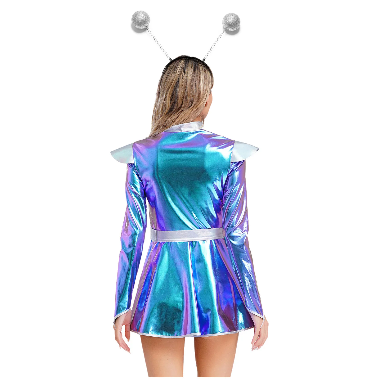 Women Alien Robot Astronaut Space Cadet Cosplay Costume Long Sleeve Metallic Shiny Dresses with Hair Hoop for Halloween Carnival view 2