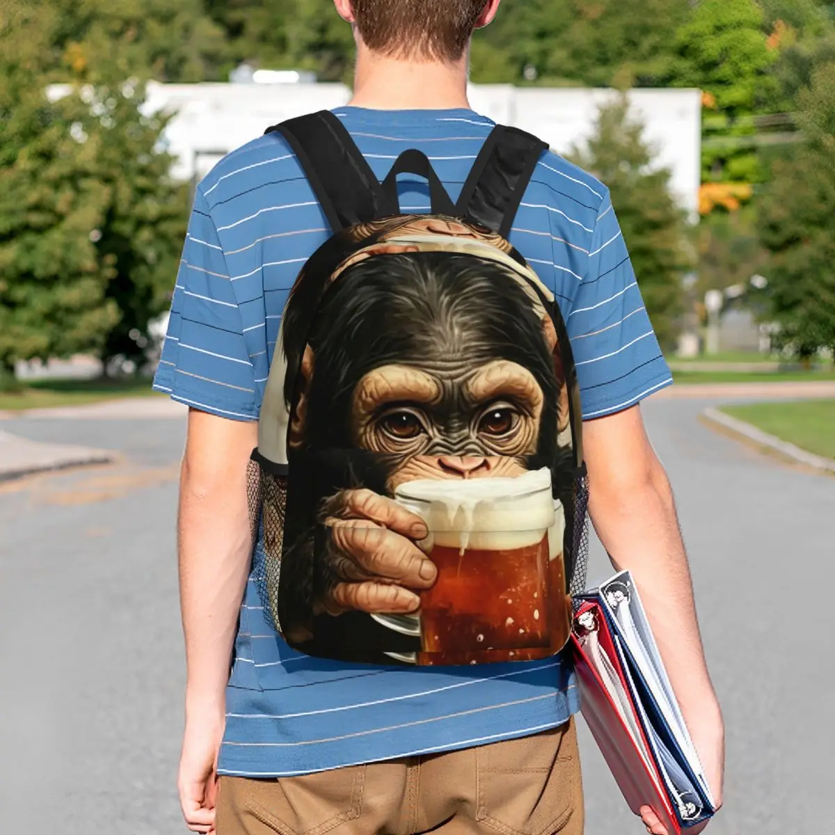 

Funny Chimpanzee Drinking Beer Backpack Student BookBag Children School Bag Laptop Shoulder Bags for Men Women