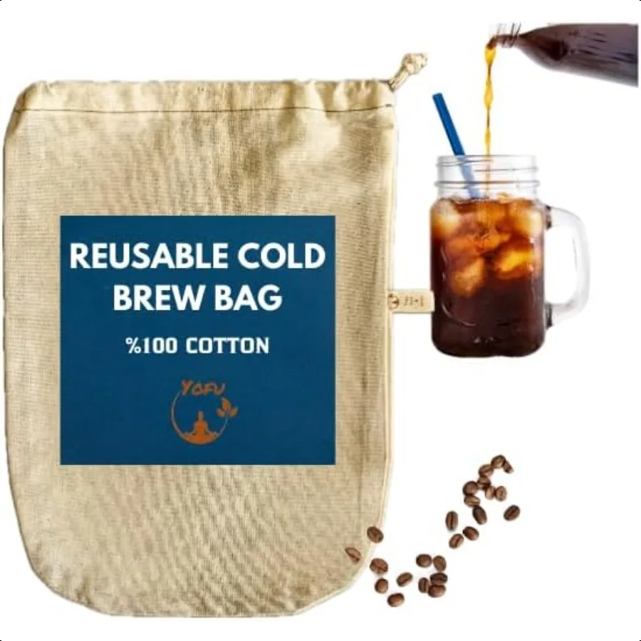 

2 упаковки мешков для холодного приготовления кофе из органического хлопка (8x11 дюймов), многоразовый фильтр для кофе с шнурком EasyOpen, предназначенный для Pitchers Mason