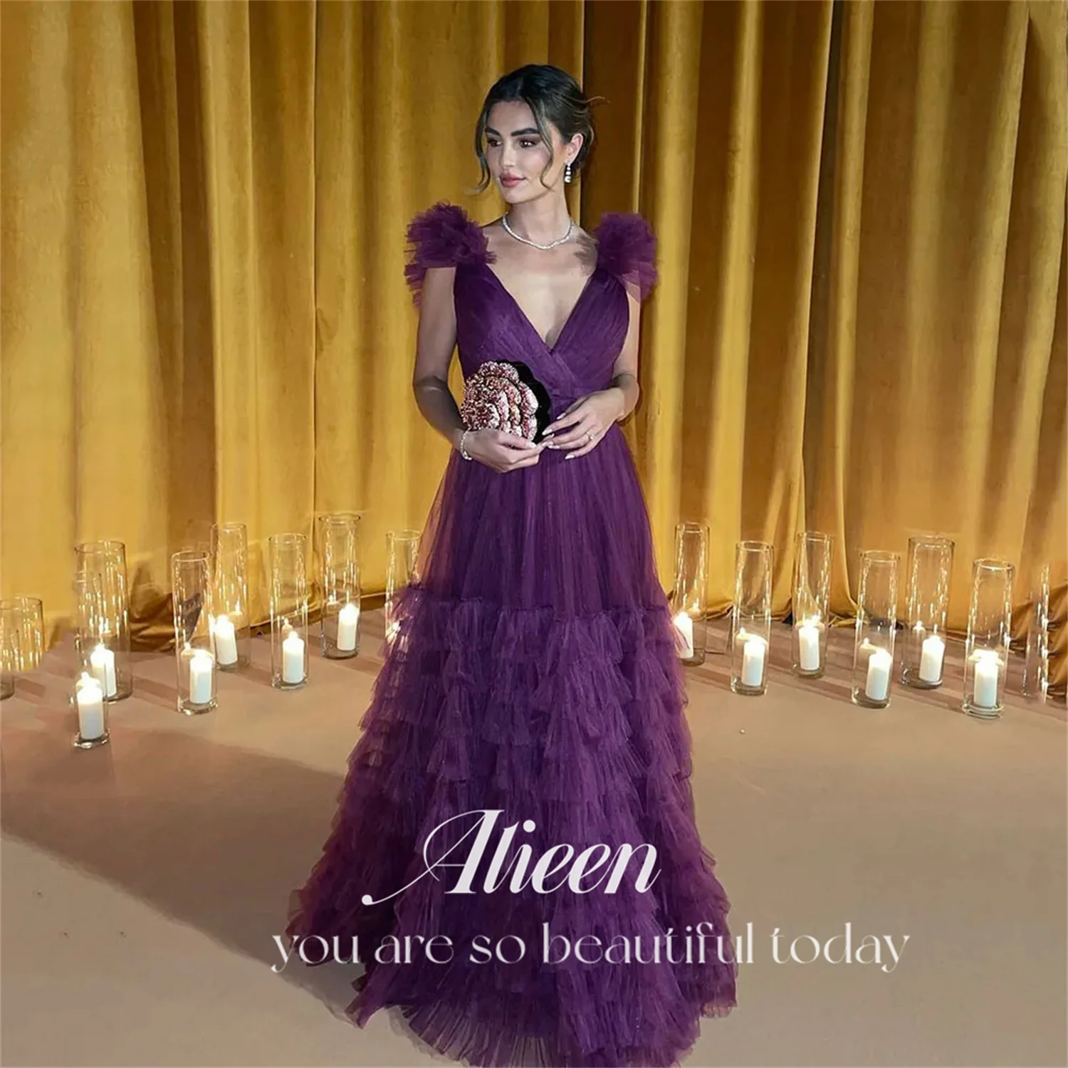 

Aileen V-neck Multi-layer Purple A-line Wedding Dress Es Saudi Evening Dresses 2024 Luxury Robe De Soiree Femmes Prom Gown Party