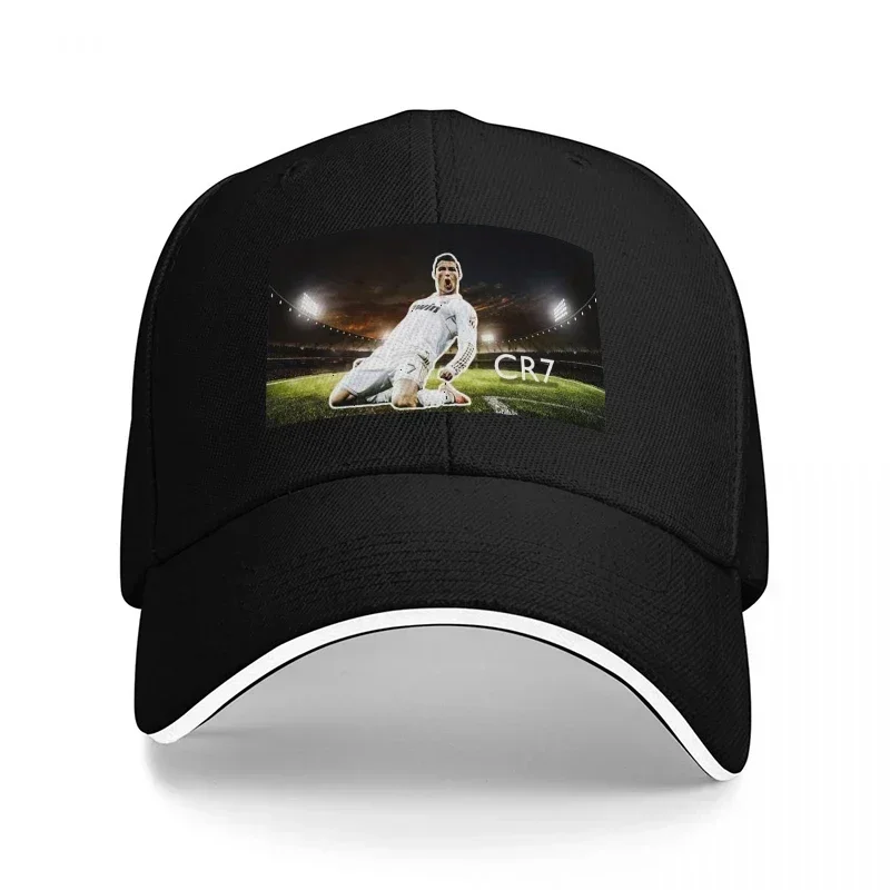 New CR7 Football Legend Stadium Scene Baseball Cap Black with White Trim Premium Sports Hat for Fans and Style Enthusiasts