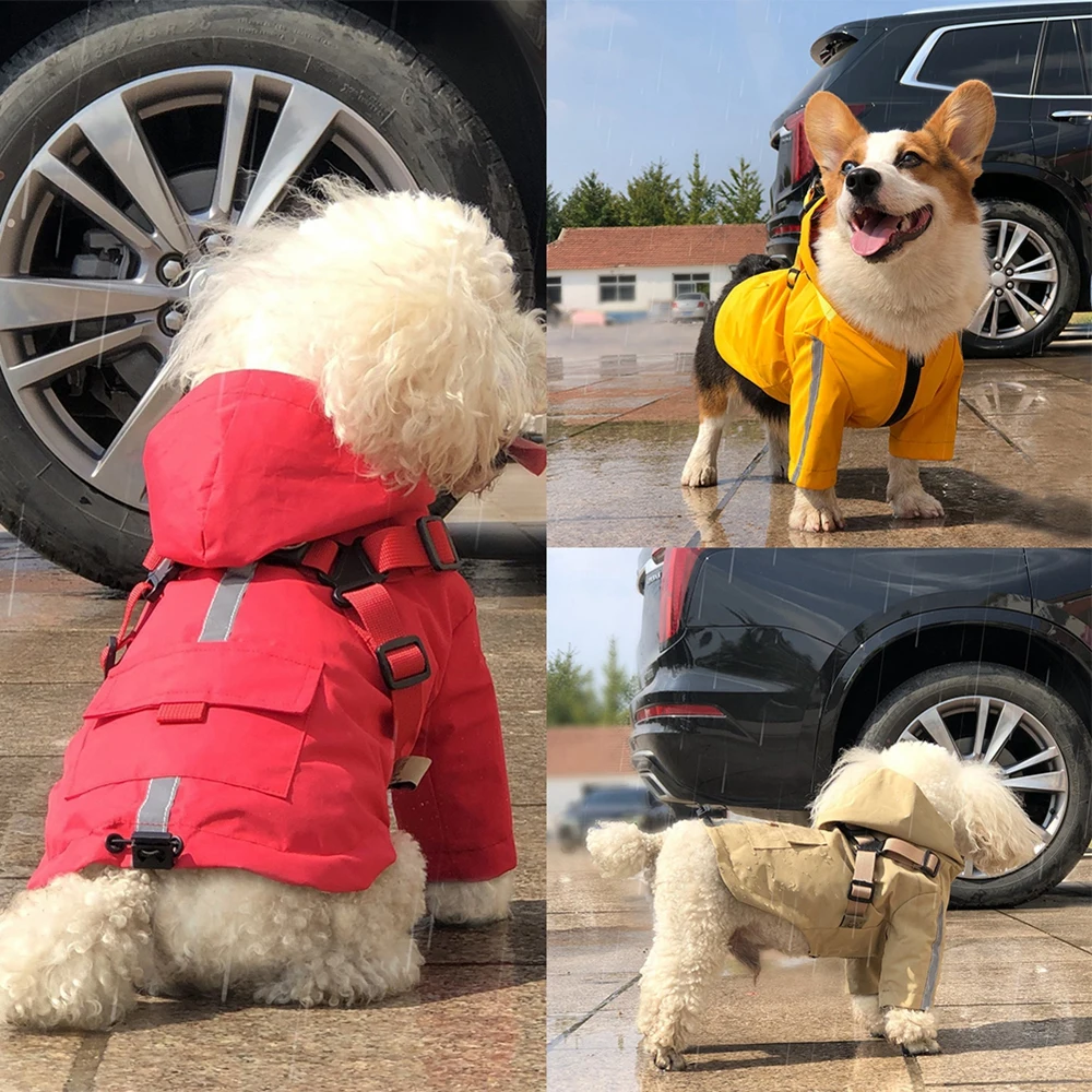 Reflective Dog Raincoat Waterproof Dog Clothes For Small Medium Dogs Cats Hooded Rain Coat Jacket with Harness Outdoor Raincape