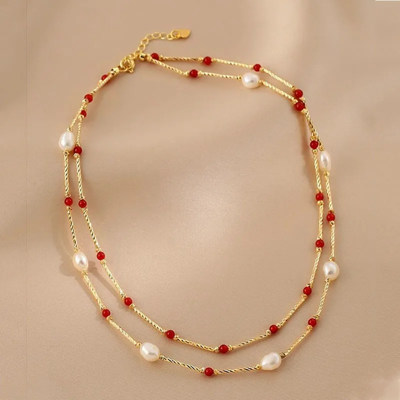 

Minar New Retro Red Agate Natural Stone Copper Beads Baroque Freshwater Pearl Beaded Necklace for Women Double Layered Chokers