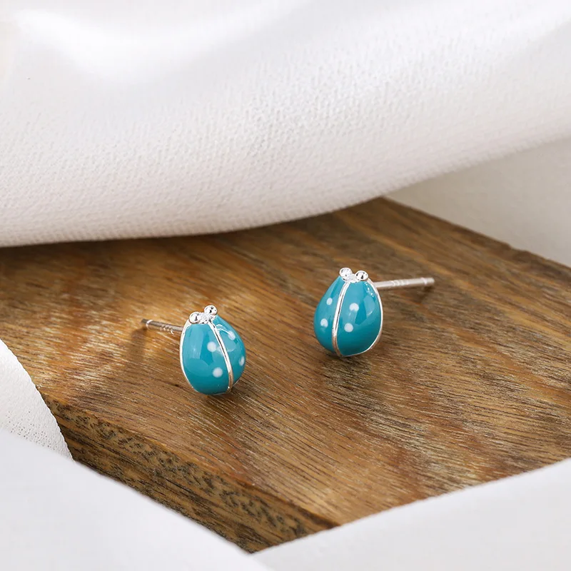 New Arrival Creative Fashion Sweet Green Little Ladybug 925 Sterling Silver Personality Cute Popular Stud Earrings E089