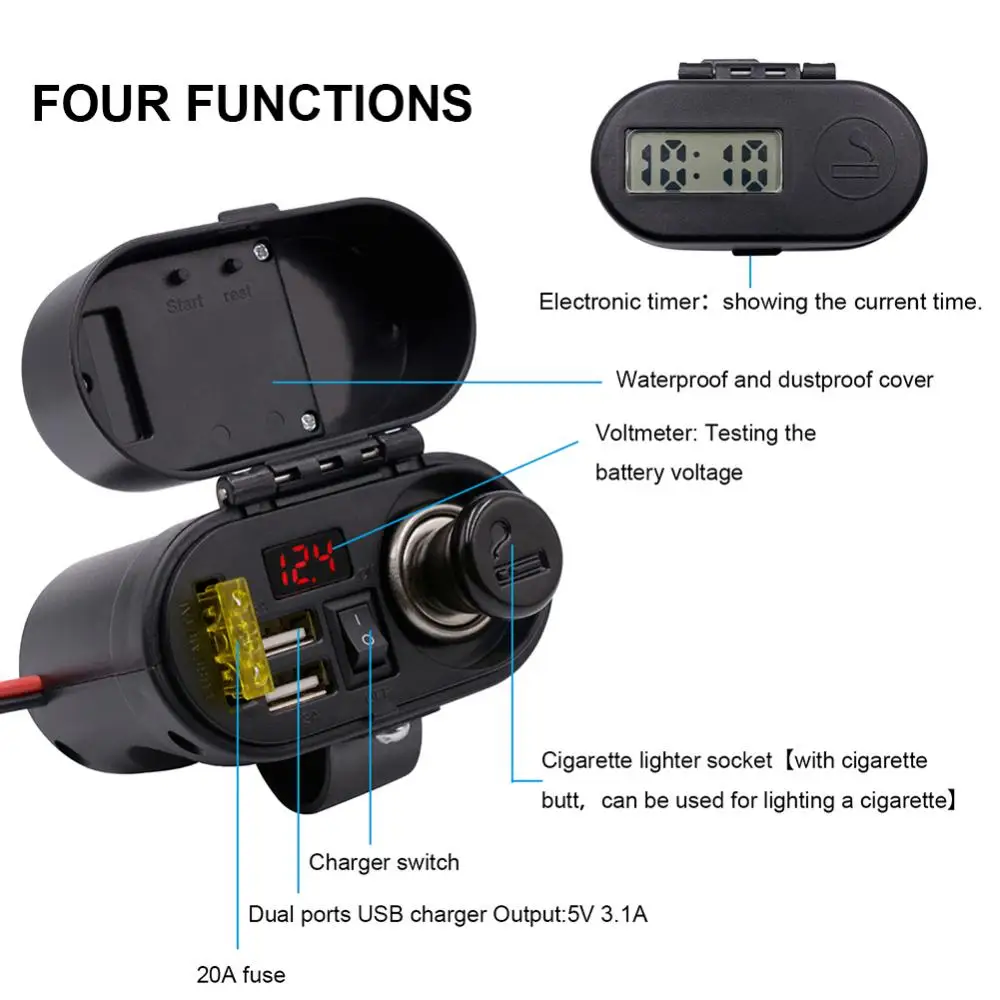 

Быстрое зарядное устройство для мотоцикла 12 В с двумя USB-портами на руль с креплением на зеркало заднего вида прикуриватель вольтметр цифровые часы для смартфона