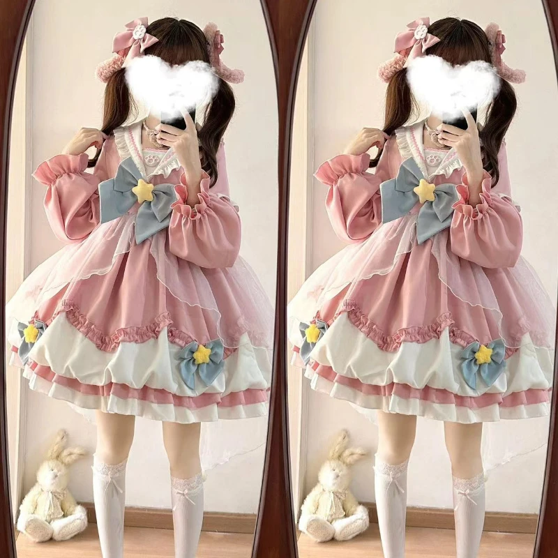 Mini vestido estilo lolita japonês para mulheres, babados bonitos, babados de malha, arco estrela, gola de marinheiro, mangas compridas, vestidos de princesa, kawaii