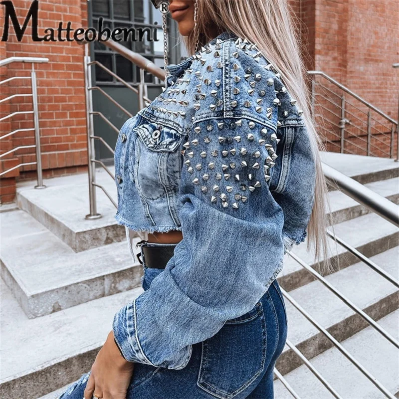 Western Cowboy Style Studded Decoration Jacket Women's Lapel Single-breasted Short Coat Trend Streetwear Female Casual Outerwear